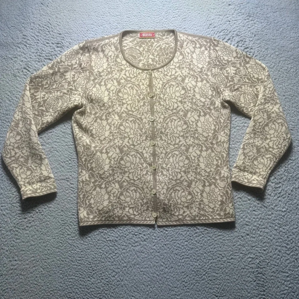 Oleana Norway Women's Wool Silk Cardigan Sweater Floral Jacquard Vintage